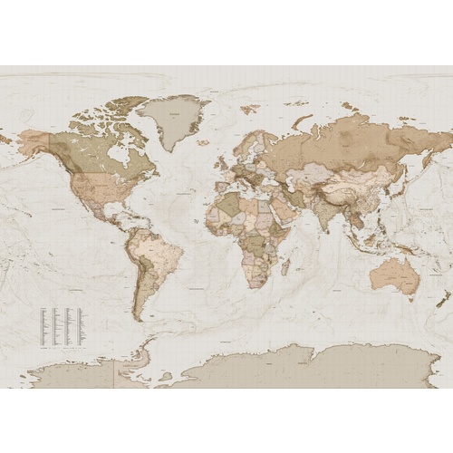 Mural | Earth Map - Sepia Tones 350cm wide x 250cm high