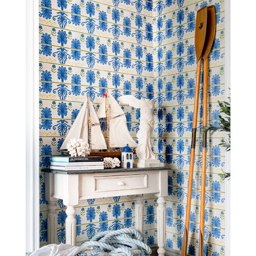 Mykonos Villa | Coastal Damask Wallpaper